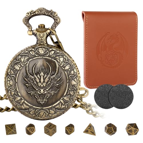 LKKCHER DESIGN Steampunk Dragon Head Pocket Watch Dice Set – 7 Polyhedral DND Dice with Leather Bag