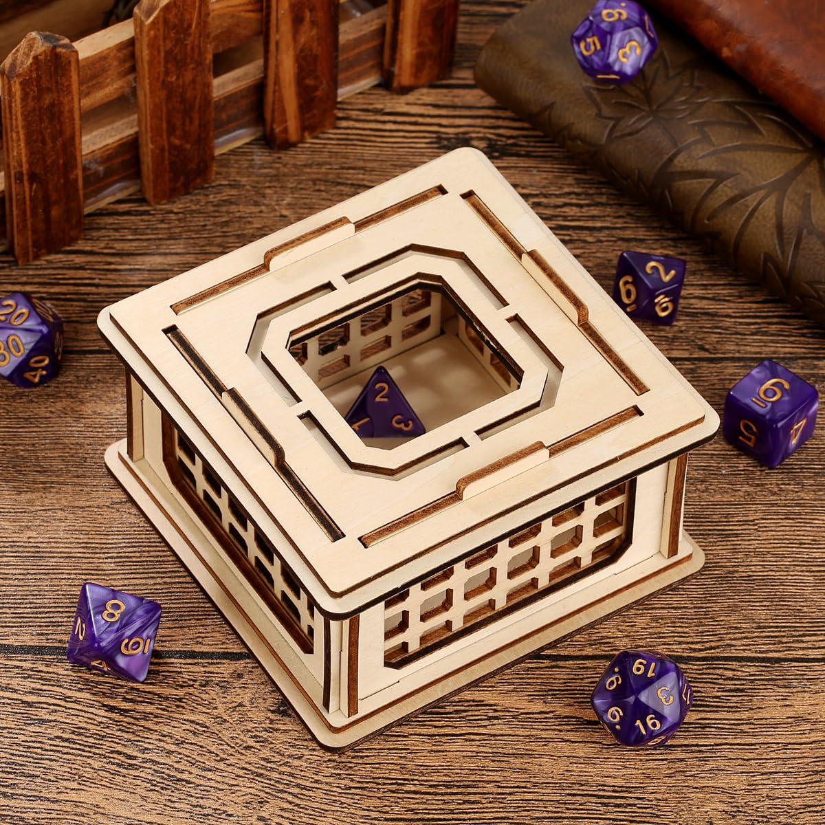LKKCHER DESIGN Wooden Dice Prison Box – Lattice Barred Dice Jail for DND