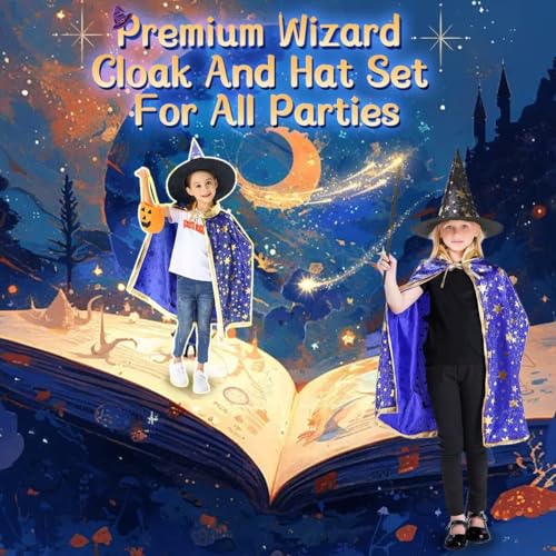 LNCOJOLM Wizard Witch Cloak Costume for Kids – Adjustable Cape with Hat for Ages 3-14