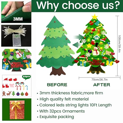 LNV 3ft DIY Felt Christmas Tree Set - 32 Ornaments & LED Lights, Gift Ready for Toddlers