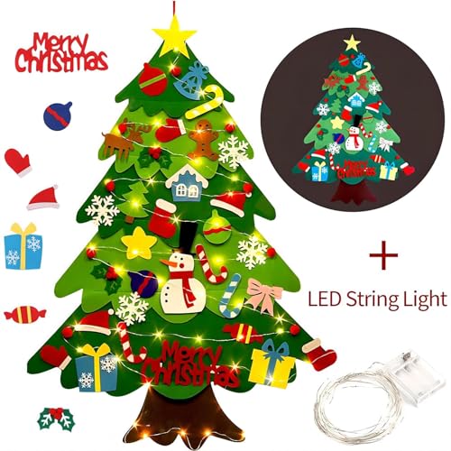 LNV 3ft DIY Felt Christmas Tree Set - 32 Ornaments & LED Lights, Gift Ready for Toddlers