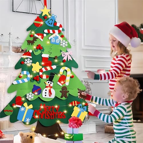 LNV 3ft DIY Felt Christmas Tree Set - 32 Ornaments & LED Lights, Gift Ready for Toddlers