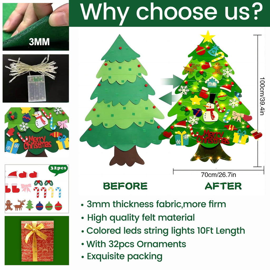 LNV 3ft DIY Felt Christmas Tree Set - 32 Ornaments & LED Lights, Gift Ready for Toddlers