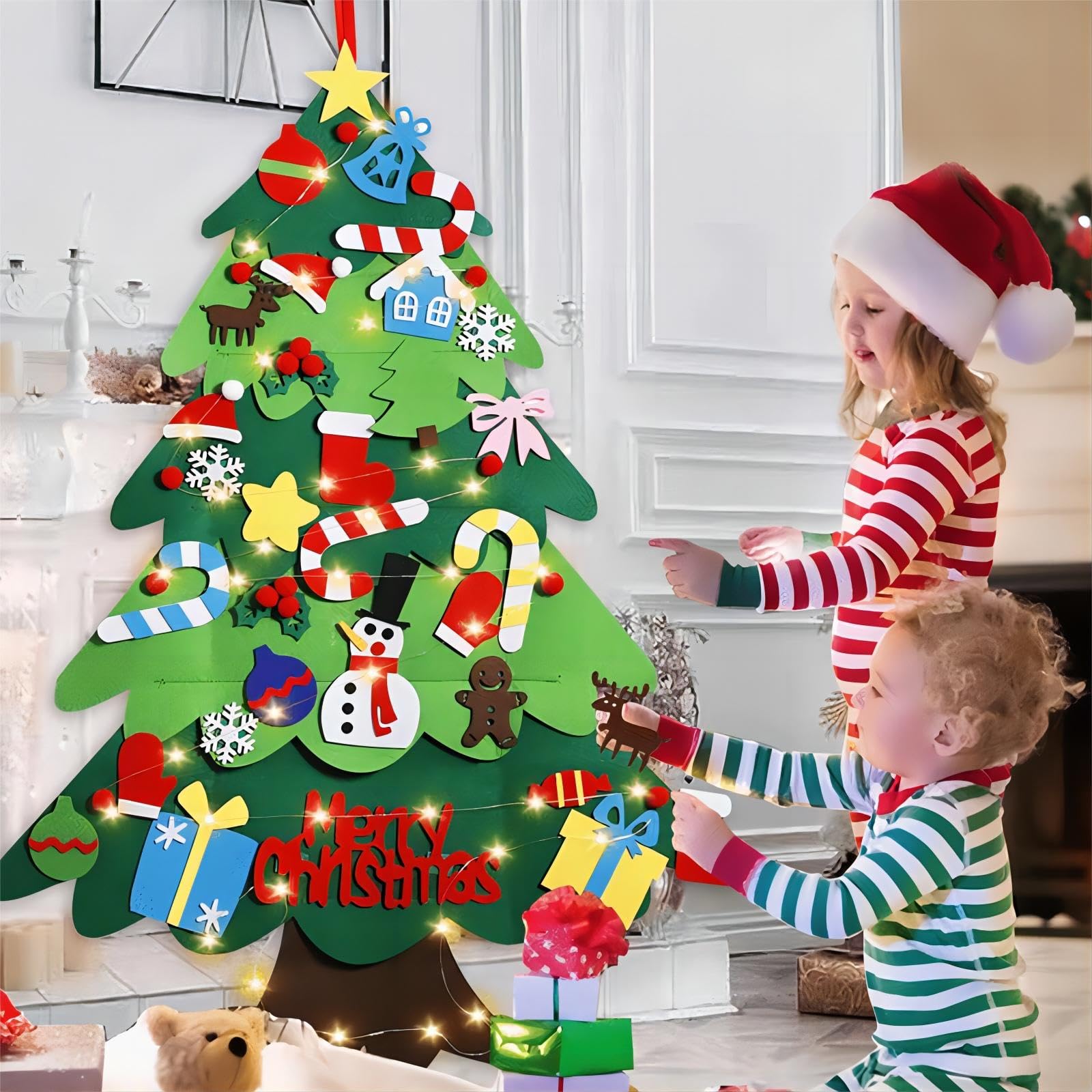 LNV 3ft DIY Felt Christmas Tree Set - 32 Ornaments & LED Lights, Gift Ready for Toddlers