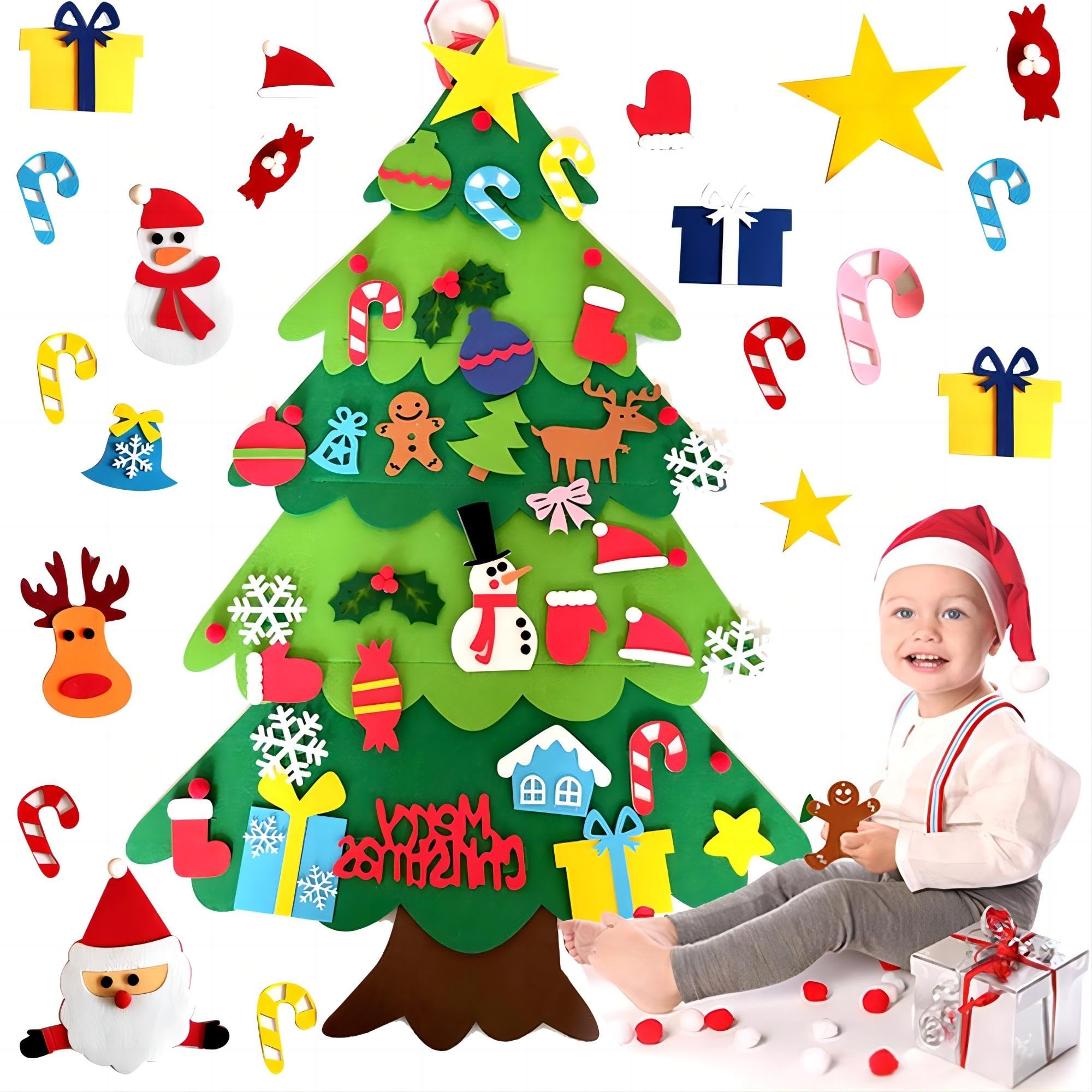 LNV 3ft DIY Felt Christmas Tree Set - 32 Ornaments & LED Lights, Gift Ready for Toddlers