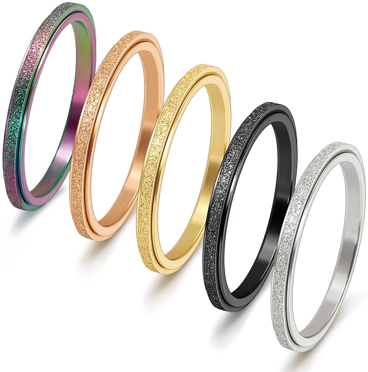 LOCKISSO Stainless Steel Fidget Spinner Rings – Set of 5 Stackable 2mm Anxiety Rings for Women and Kids with Velvet Bag