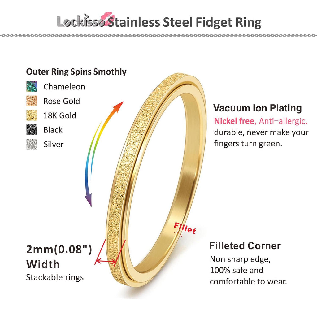 LOCKISSO Stainless Steel Fidget Spinner Rings – Set of 5 Stackable 2mm Anxiety Rings for Women and Kids with Velvet Bag