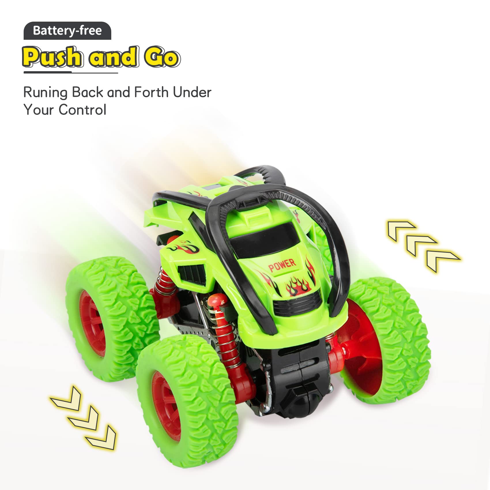 LODBY Monster Trucks 3-Pack: Push and Go Stunt Cars for Boys Ages 2-6, Battery-Free Flip Truck Toys