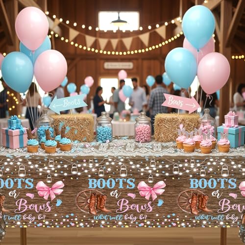 Lofaris 3-Pack Boots or Bows Gender Reveal Tablecloths – Rustic Western Disposable Table Covers, Pink and Blue, 108x54