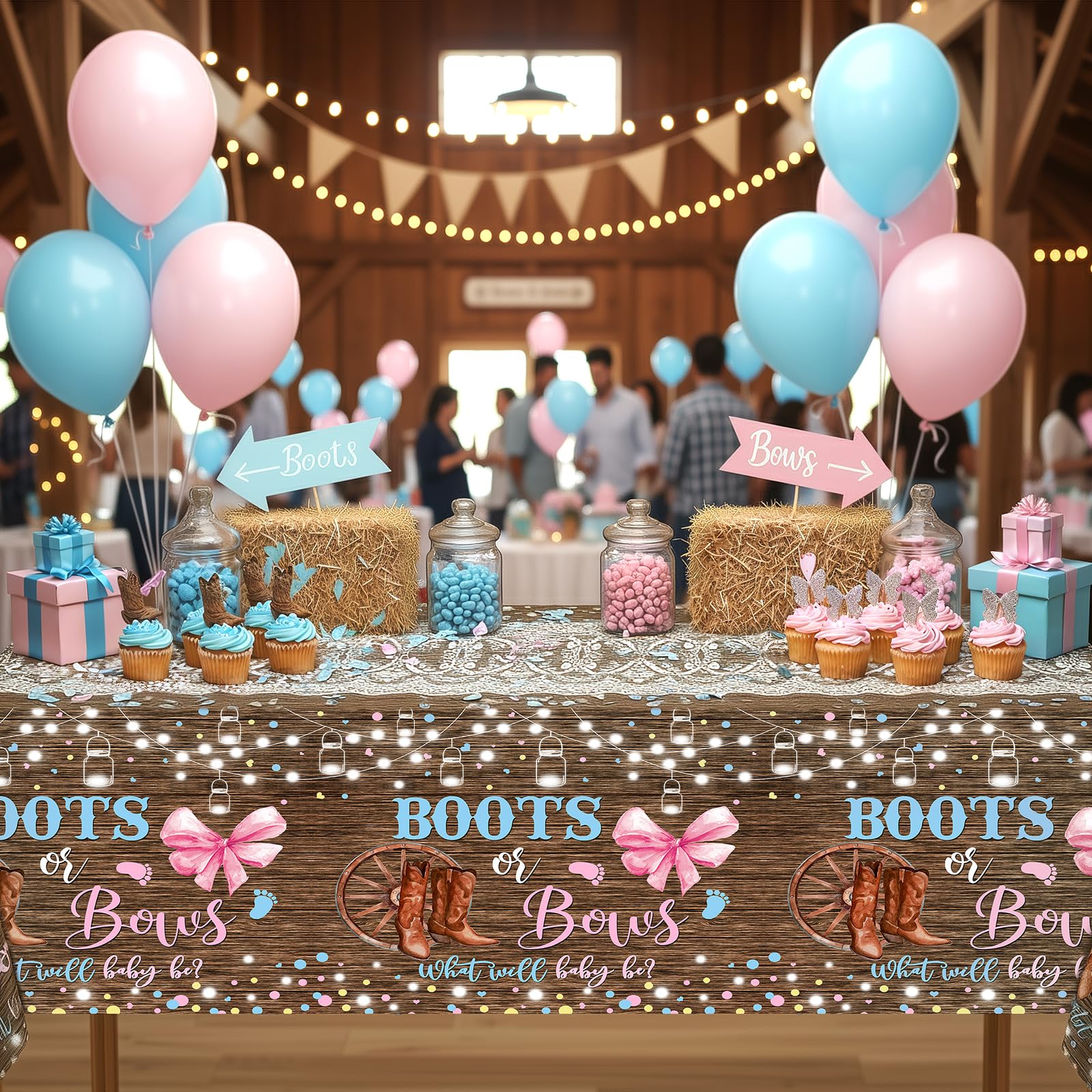 Lofaris 3-Pack Boots or Bows Gender Reveal Tablecloths – Rustic Western Disposable Table Covers, Pink and Blue, 108x54