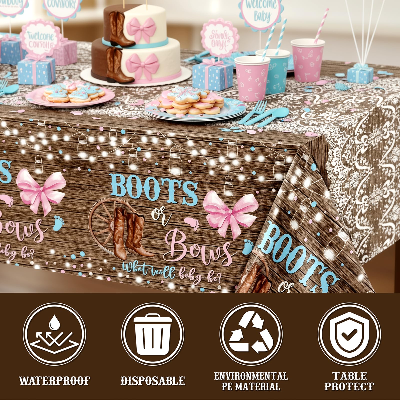 Lofaris 3-Pack Boots or Bows Gender Reveal Tablecloths – Rustic Western Disposable Table Covers, Pink and Blue, 108x54