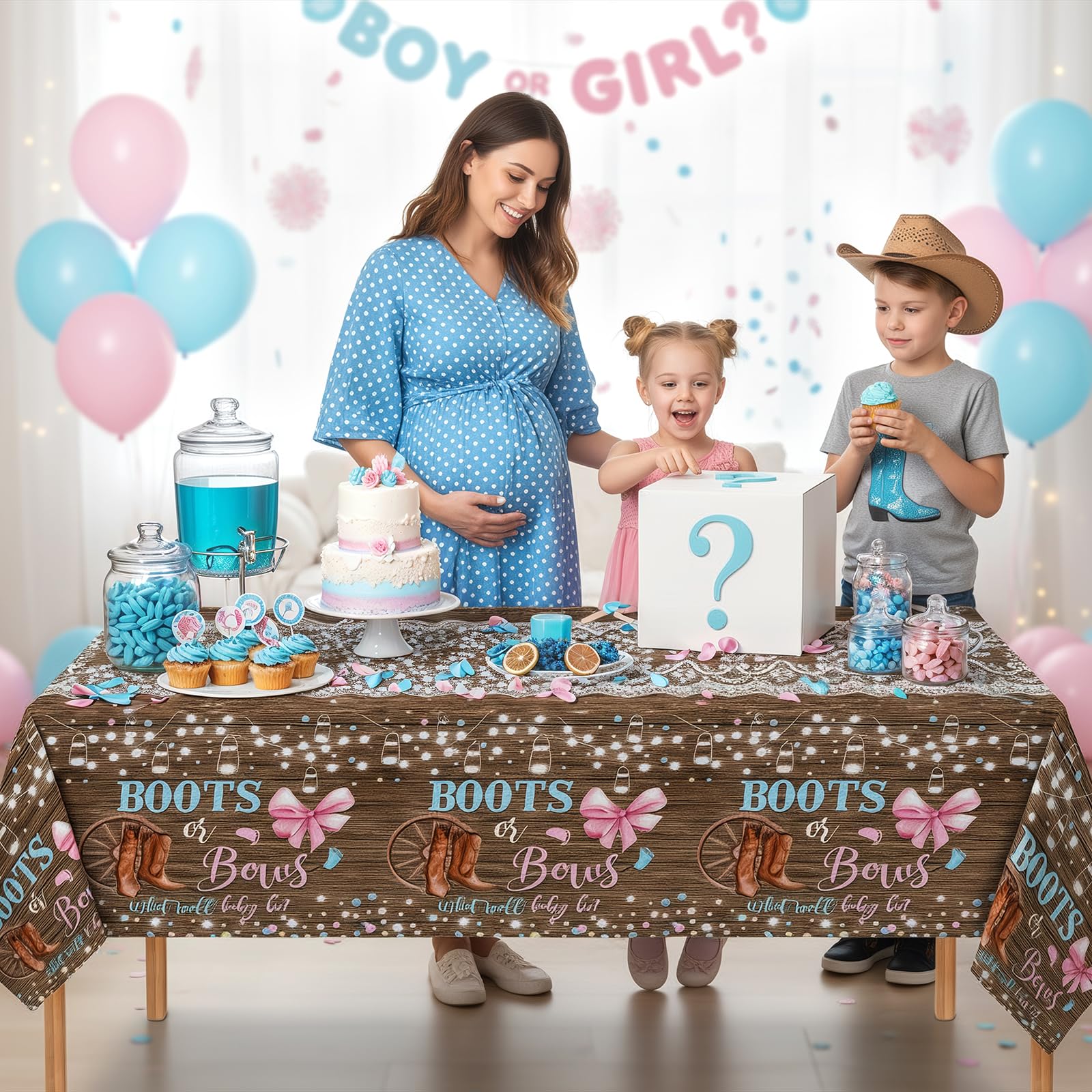 Lofaris 3-Pack Boots or Bows Gender Reveal Tablecloths – Rustic Western Disposable Table Covers, Pink and Blue, 108x54