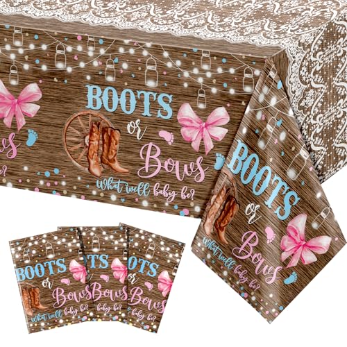Lofaris 3-Pack Boots or Bows Gender Reveal Tablecloths – Rustic Western Disposable Table Covers, Pink and Blue, 108x54