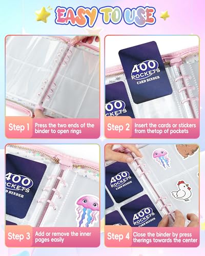 Loiuvos Pink 4-Pocket Card Binder – Holds 400 Cards, Transparent Cover with Laser Star Design, Includes 20 Stickers