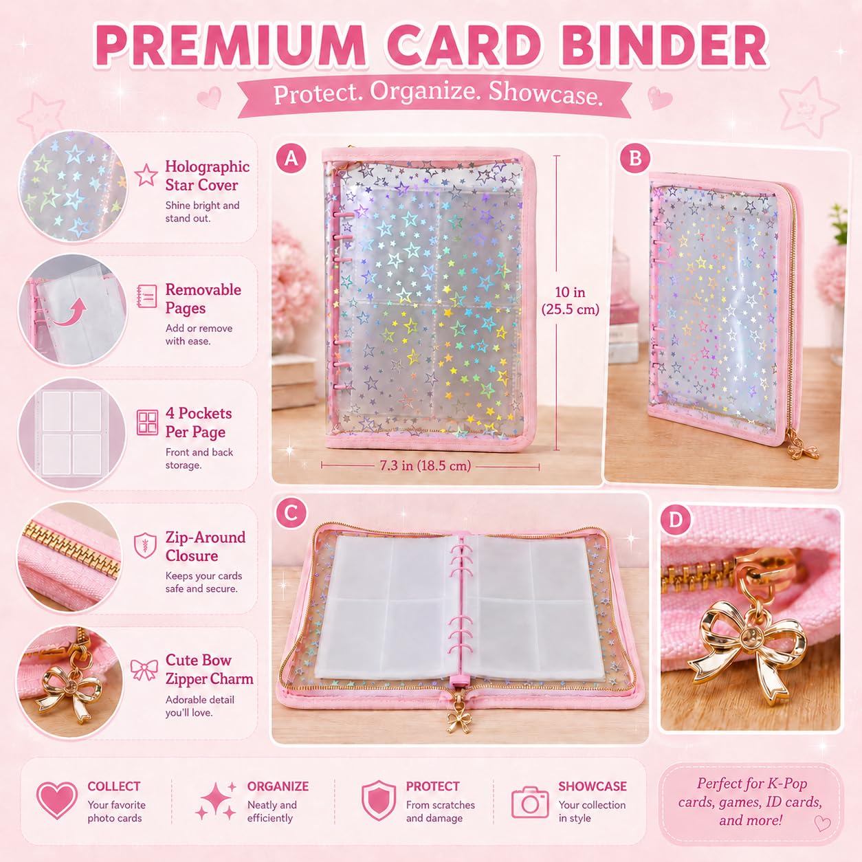 Loiuvos Pink 4-Pocket Card Binder – Holds 400 Cards, Transparent Cover with Laser Star Design, Includes 20 Stickers