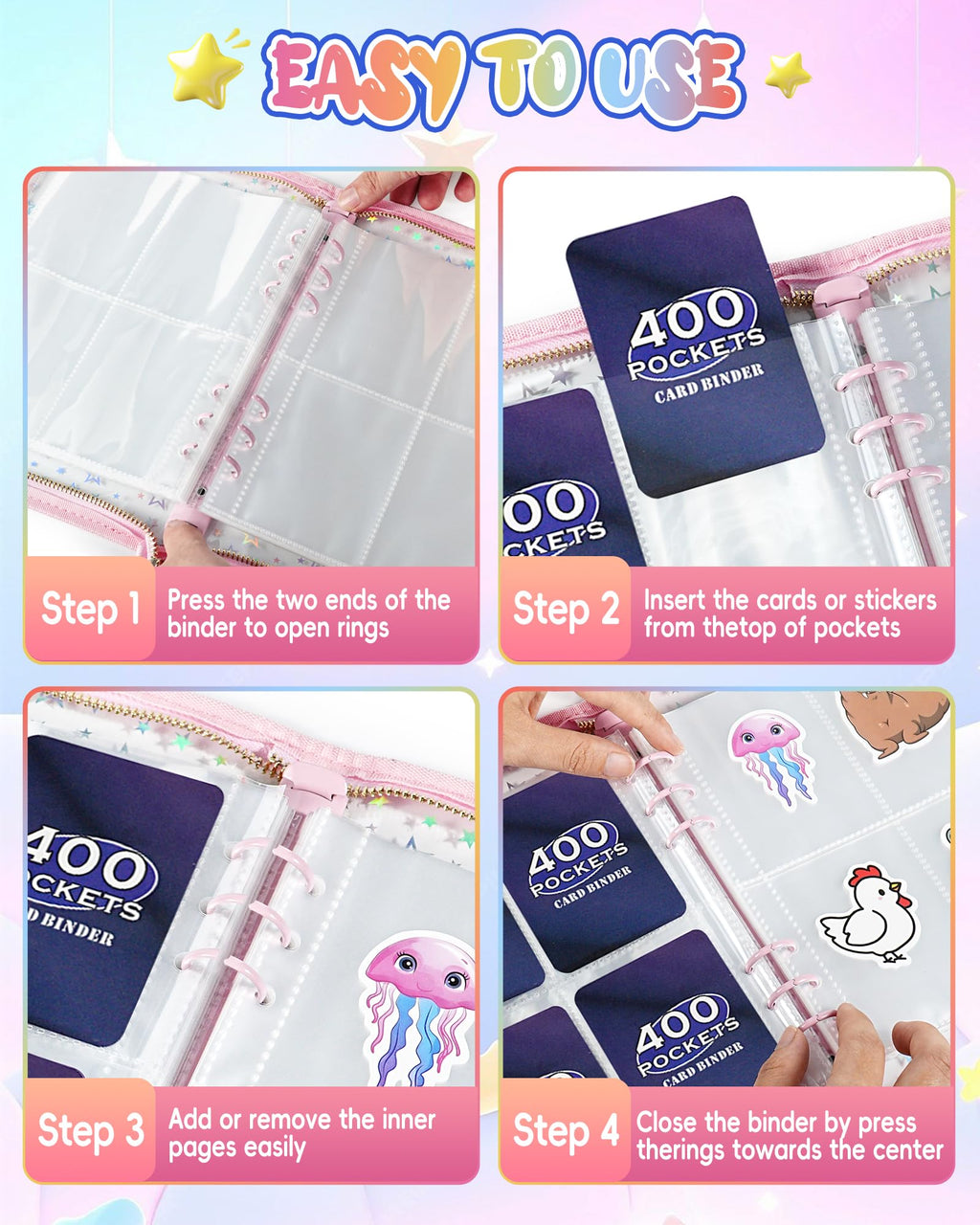 Loiuvos Pink 4-Pocket Card Binder – Holds 400 Cards, Transparent Cover with Laser Star Design, Includes 20 Stickers