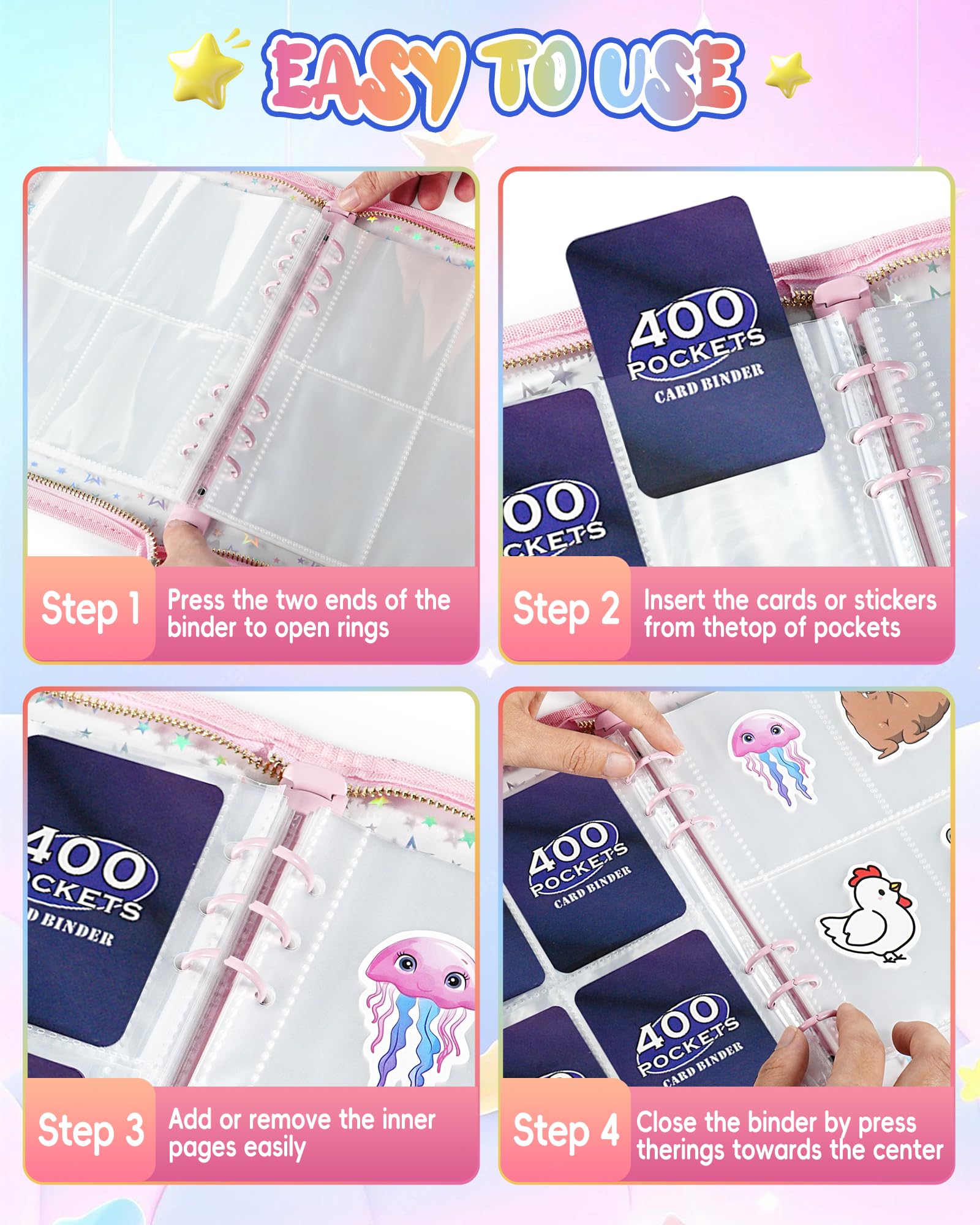 Loiuvos Pink 4-Pocket Card Binder – Holds 400 Cards, Transparent Cover with Laser Star Design, Includes 20 Stickers