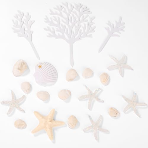 LOIYSHINE 20-Piece Sea Shell Cake Decorations Set - Under the Sea Theme with Starfish, Coral, and Natural Shells for Birthday Parties, Baby Showers, Weddings
