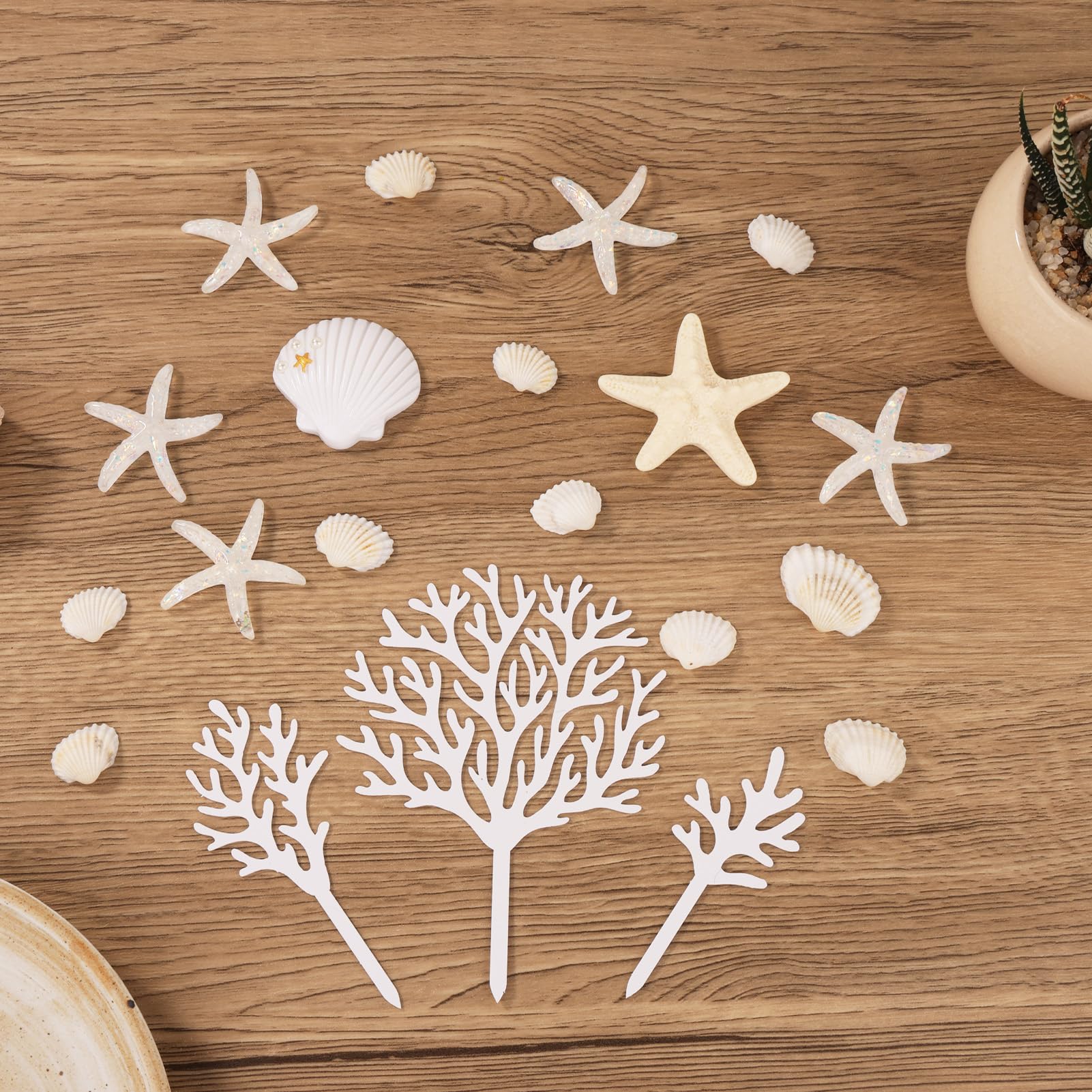 LOIYSHINE 20-Piece Sea Shell Cake Decorations Set - Under the Sea Theme with Starfish, Coral, and Natural Shells for Birthday Parties, Baby Showers, Weddings