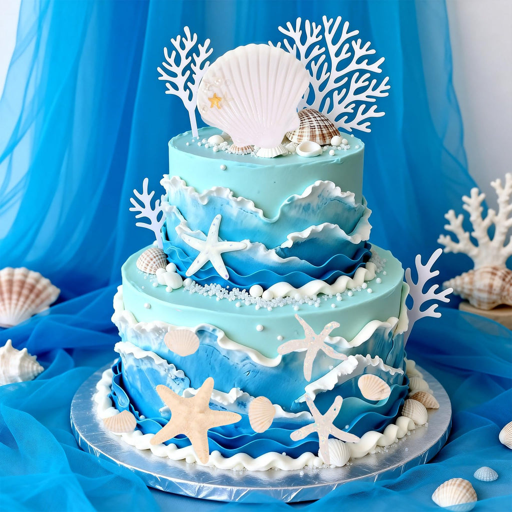 LOIYSHINE 20-Piece Sea Shell Cake Decorations Set - Under the Sea Theme with Starfish, Coral, and Natural Shells for Birthday Parties, Baby Showers, Weddings