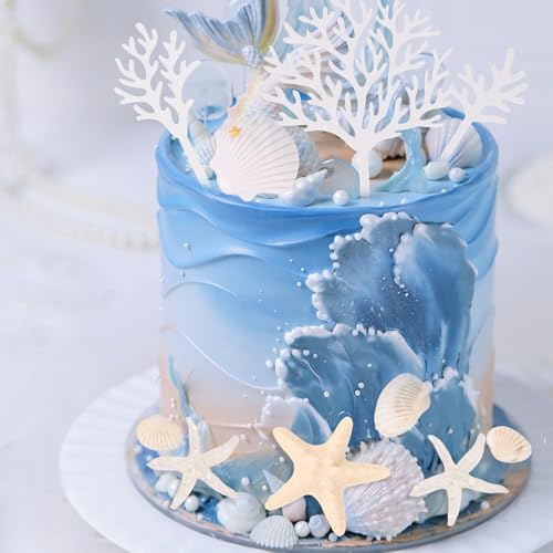 LOIYSHINE 20-Piece Sea Shell Cake Decorations Set - Under the Sea Theme with Starfish, Coral, and Natural Shells for Birthday Parties, Baby Showers, Weddings