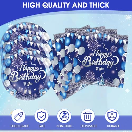 LOIYSHINE 41 Pcs Blue & Silver Birthday Party Tableware Set - 20 Plates, 20 Napkins & Tablecloth