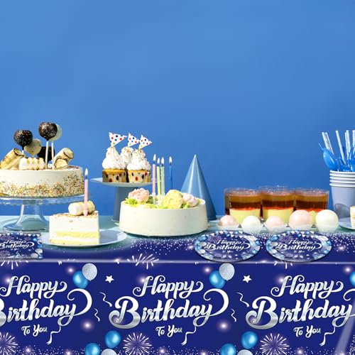 LOIYSHINE 41 Pcs Blue & Silver Birthday Party Tableware Set - 20 Plates, 20 Napkins & Tablecloth
