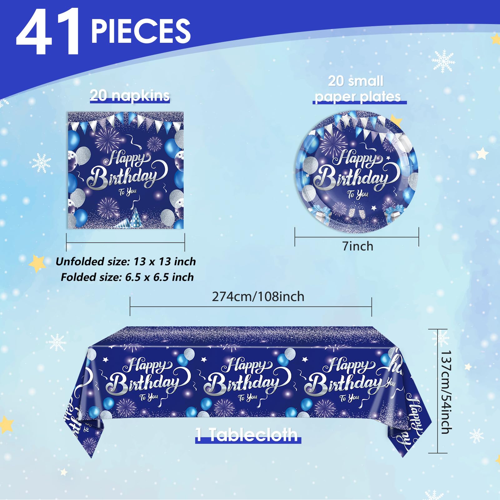 LOIYSHINE 41 Pcs Blue & Silver Birthday Party Tableware Set - 20 Plates, 20 Napkins & Tablecloth