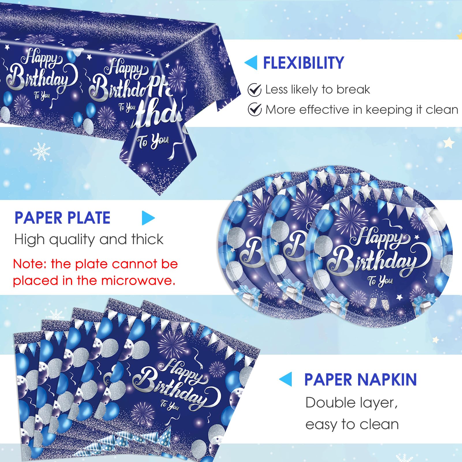 LOIYSHINE 41 Pcs Blue & Silver Birthday Party Tableware Set - 20 Plates, 20 Napkins & Tablecloth