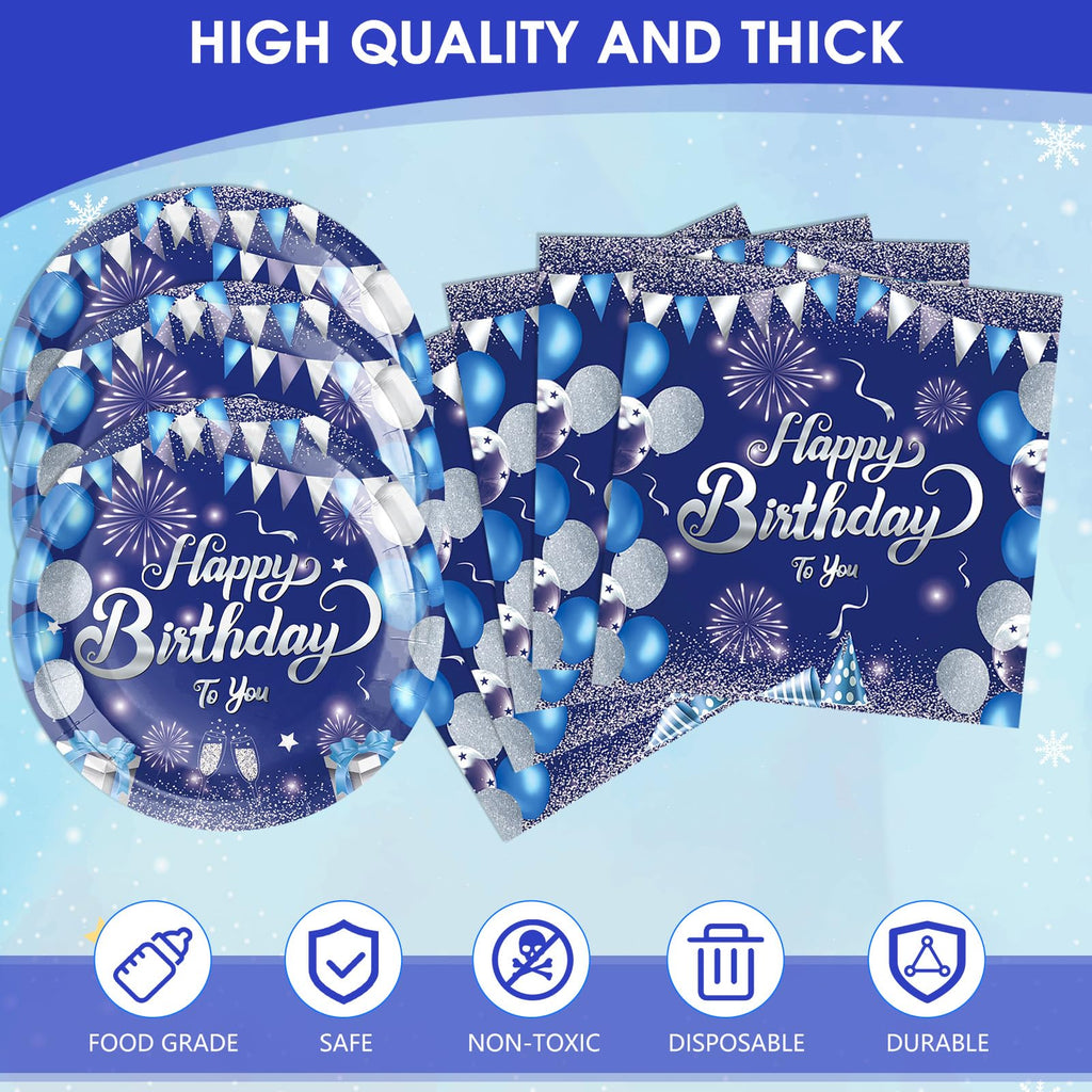 LOIYSHINE 41 Pcs Blue & Silver Birthday Party Tableware Set - 20 Plates, 20 Napkins & Tablecloth