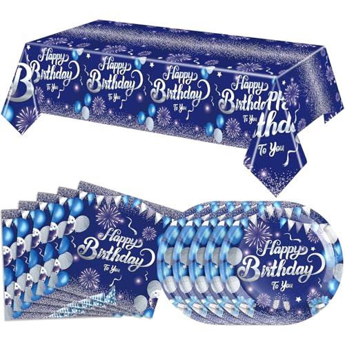 LOIYSHINE 41 Pcs Blue & Silver Birthday Party Tableware Set - 20 Plates, 20 Napkins & Tablecloth