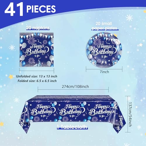 LOIYSHINE 41 Pcs Blue & Silver Birthday Party Tableware Set - 20 Plates, 20 Napkins & Tablecloth