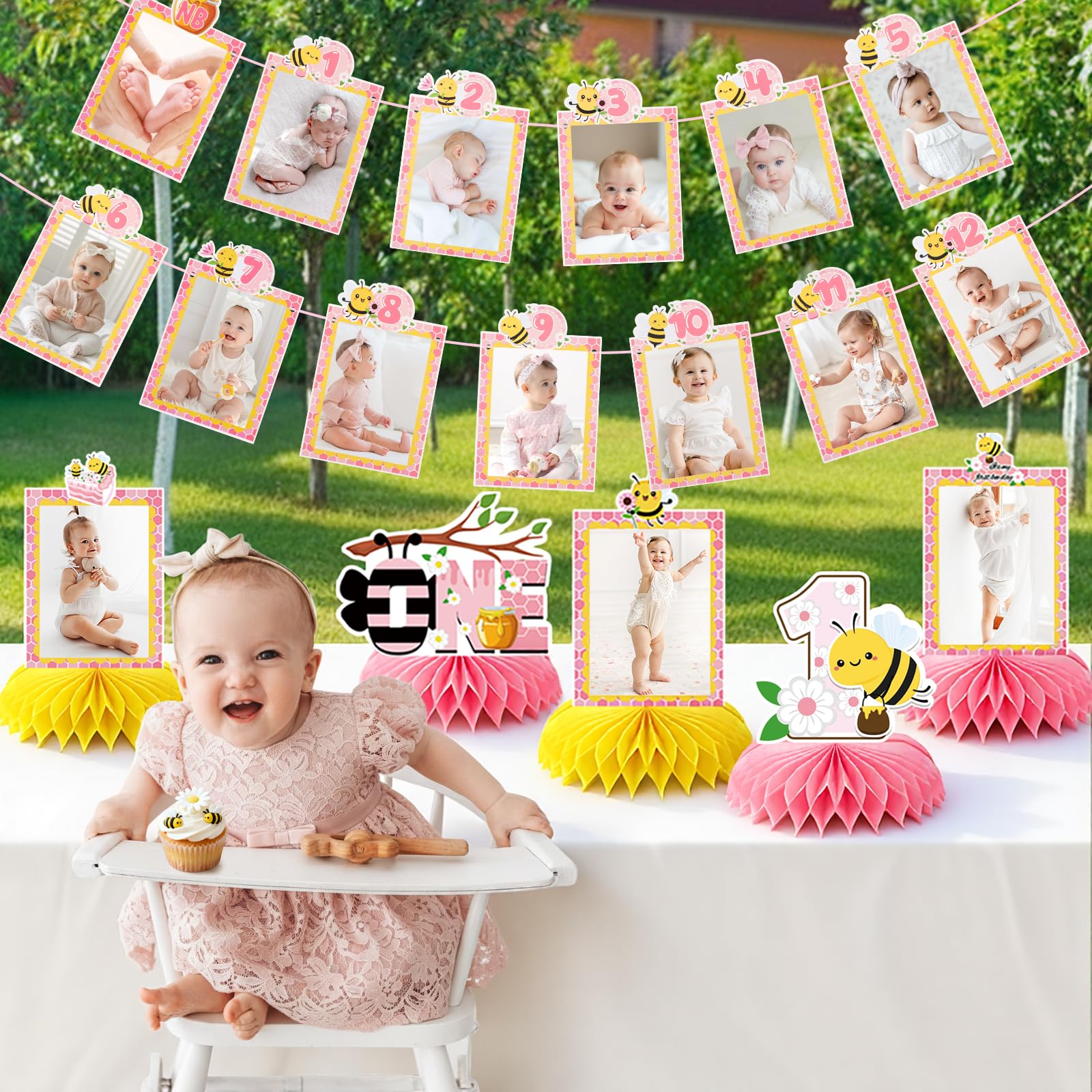 Lomantank Happy 1st Bee Day Decorations Set – 13 Monthly Photo Cards & 5 Honeycomb Centerpieces for Baby Shower or First Birthday