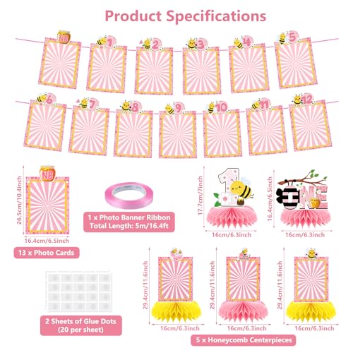Lomantank Happy 1st Bee Day Decorations Set – 13 Monthly Photo Cards & 5 Honeycomb Centerpieces for Baby Shower or First Birthday