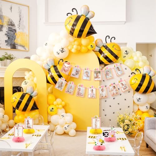 Lomantank Happy 1st Bee Day Decorations Set – 13 Monthly Photo Cards & 5 Honeycomb Centerpieces for Baby Shower or First Birthday