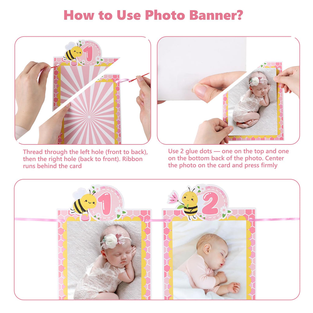 Lomantank Happy 1st Bee Day Decorations Set – 13 Monthly Photo Cards & 5 Honeycomb Centerpieces for Baby Shower or First Birthday