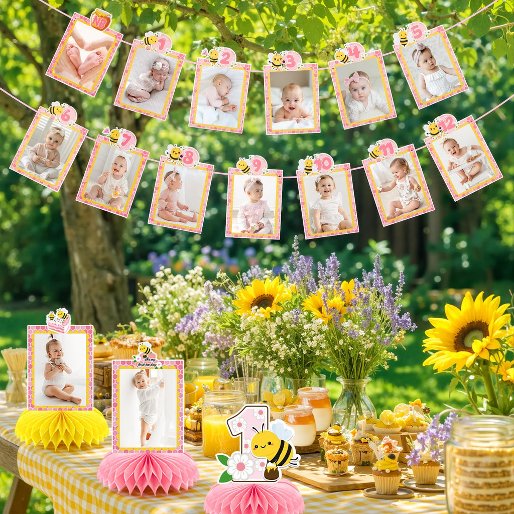 Lomantank Happy 1st Bee Day Decorations Set – 13 Monthly Photo Cards & 5 Honeycomb Centerpieces for Baby Shower or First Birthday