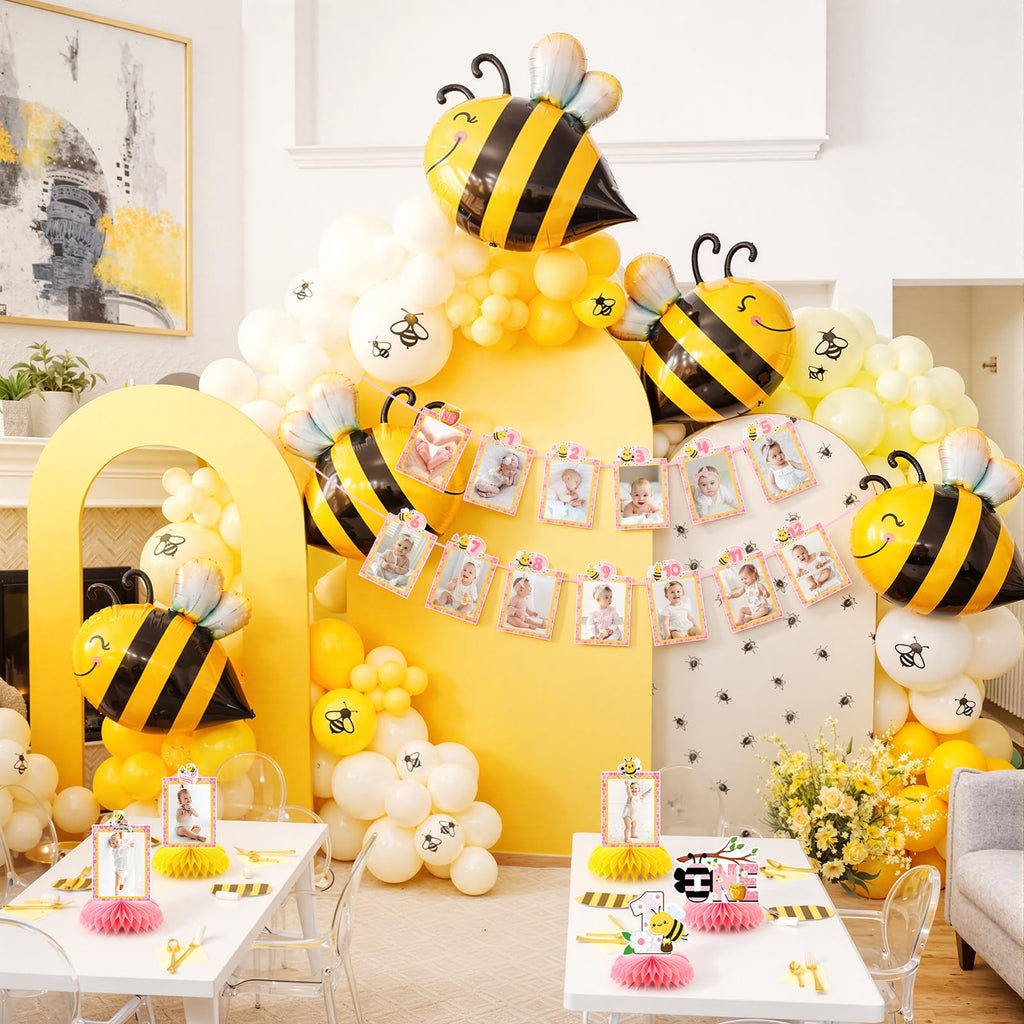 Lomantank Happy 1st Bee Day Decorations Set – 13 Monthly Photo Cards & 5 Honeycomb Centerpieces for Baby Shower or First Birthday