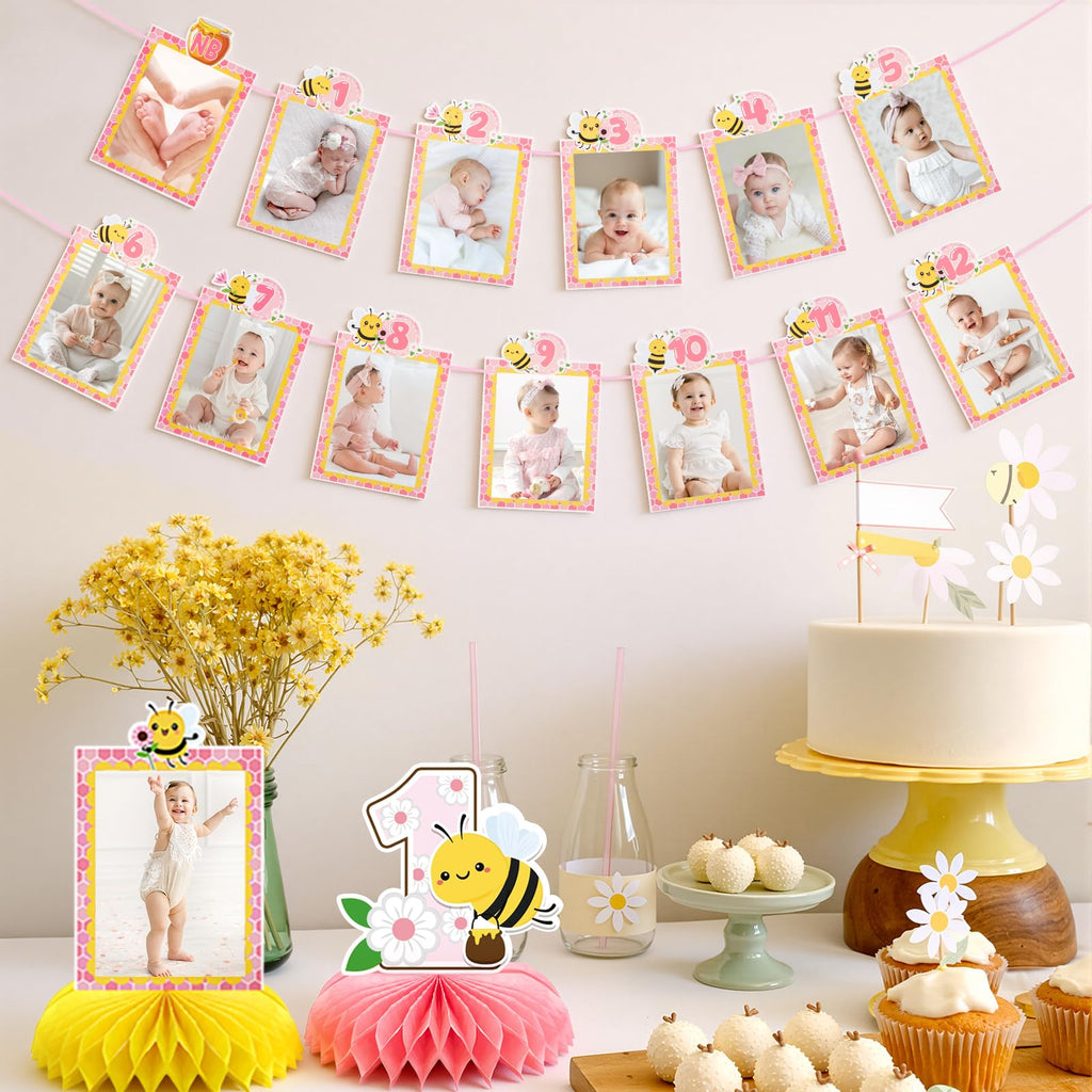 Lomantank Happy 1st Bee Day Decorations Set – 13 Monthly Photo Cards & 5 Honeycomb Centerpieces for Baby Shower or First Birthday