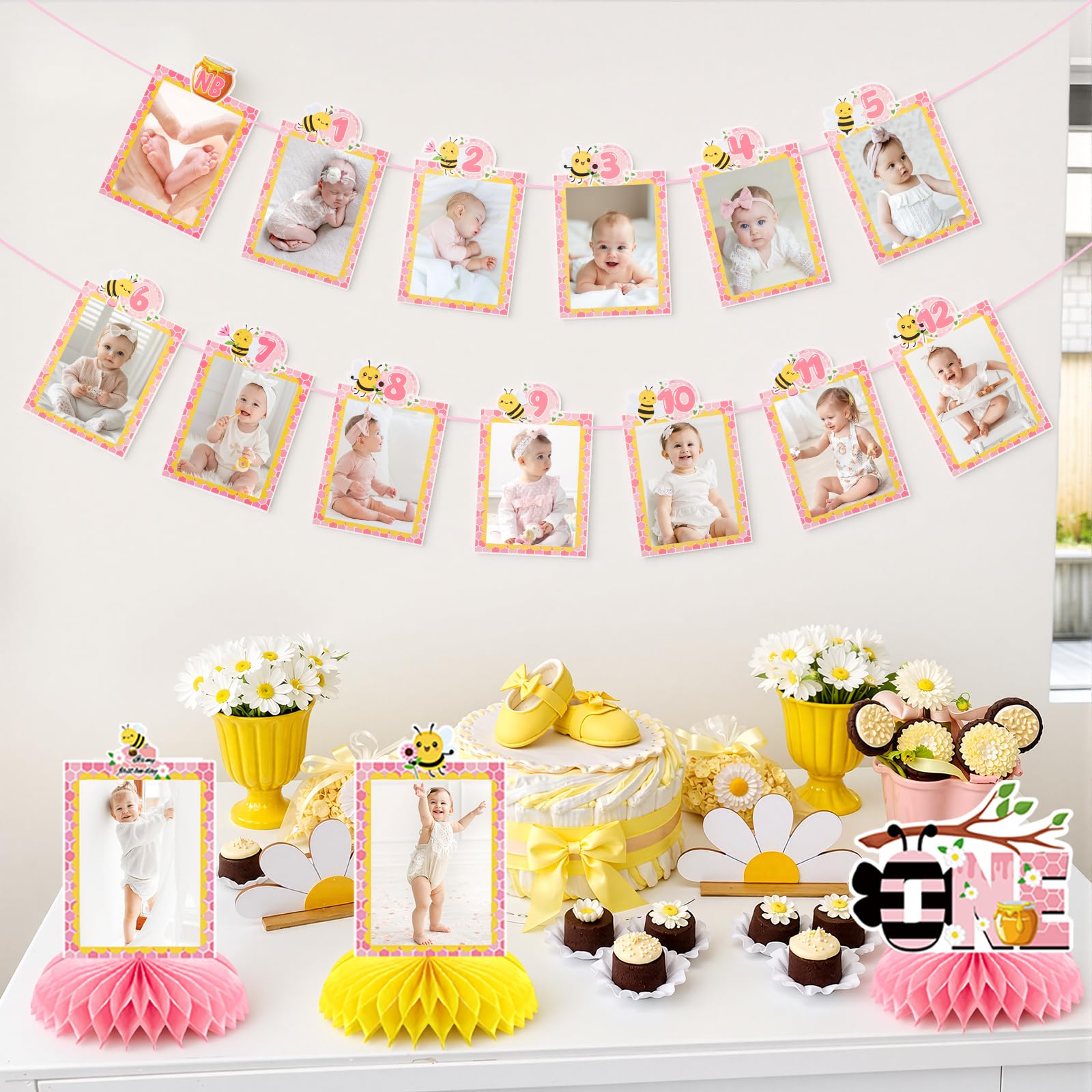 Lomantank Happy 1st Bee Day Decorations Set – 13 Monthly Photo Cards & 5 Honeycomb Centerpieces for Baby Shower or First Birthday