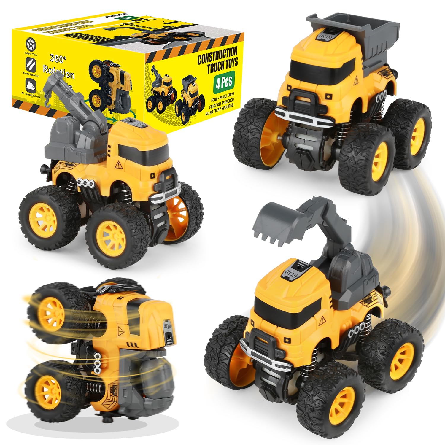LONANDY 4-Pack Friction Powered Construction Trucks with 360° Stunt for Kids Ages 3-8