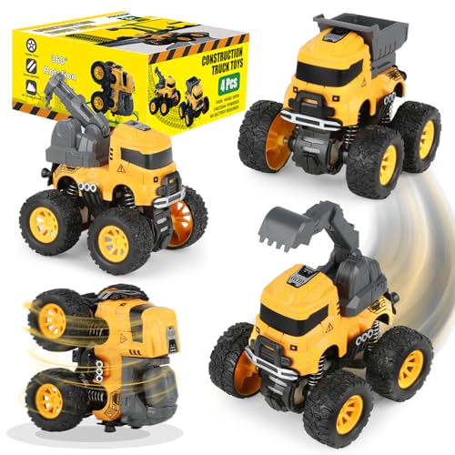 LONANDY 4-Pack Friction Powered Construction Trucks with 360° Stunt for Kids Ages 3-8