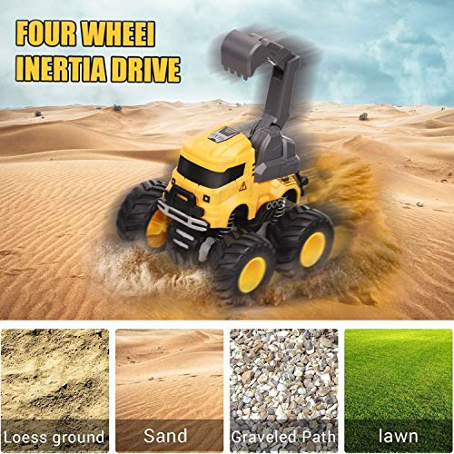 LONANDY 4-Pack Friction Powered Construction Trucks with 360° Stunt for Kids Ages 3-8