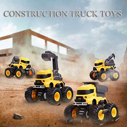 LONANDY 4-Pack Friction Powered Construction Trucks with 360° Stunt for Kids Ages 3-8