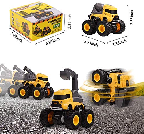 LONANDY 4-Pack Friction Powered Construction Trucks with 360° Stunt for Kids Ages 3-8
