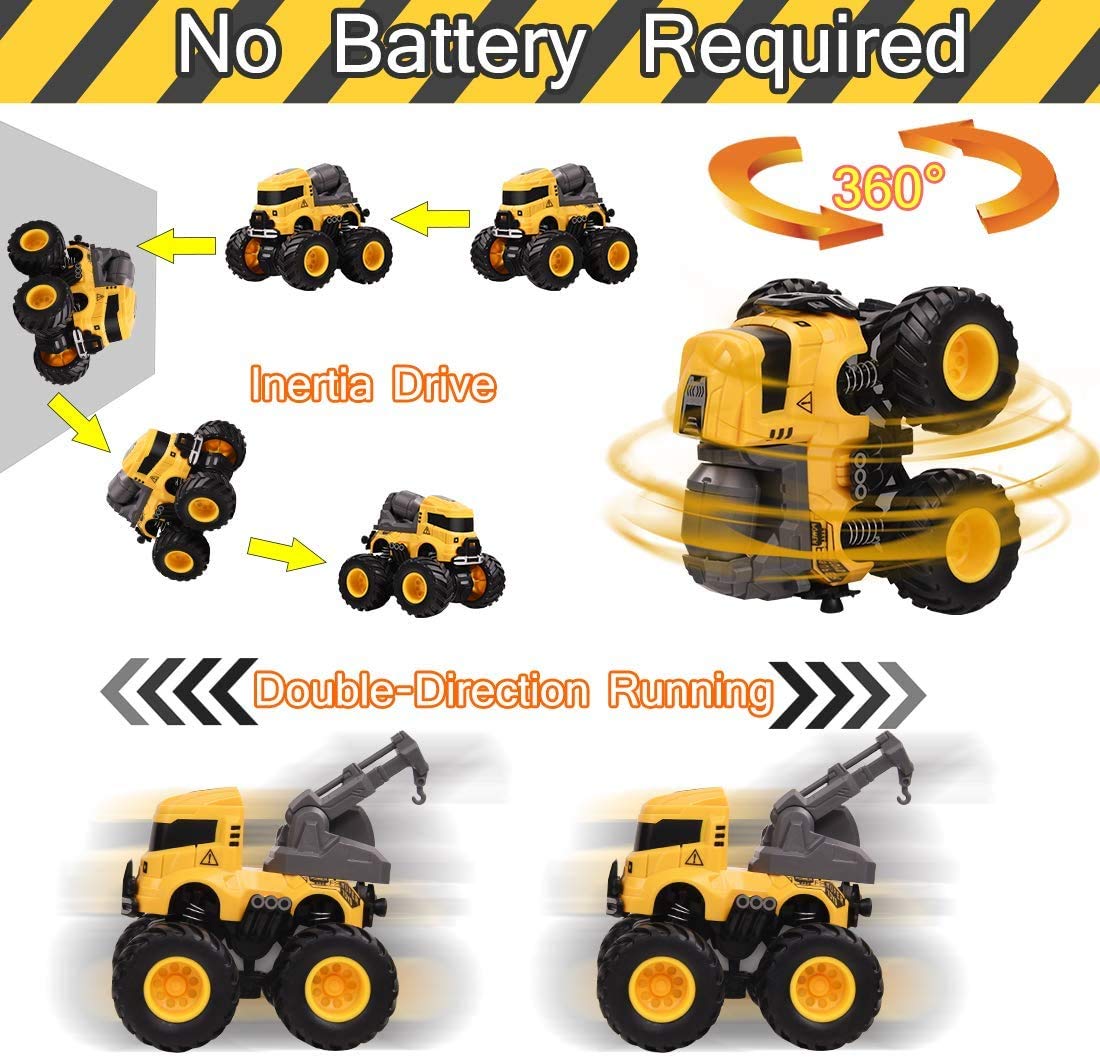 LONANDY 4-Pack Friction Powered Construction Trucks with 360° Stunt for Kids Ages 3-8