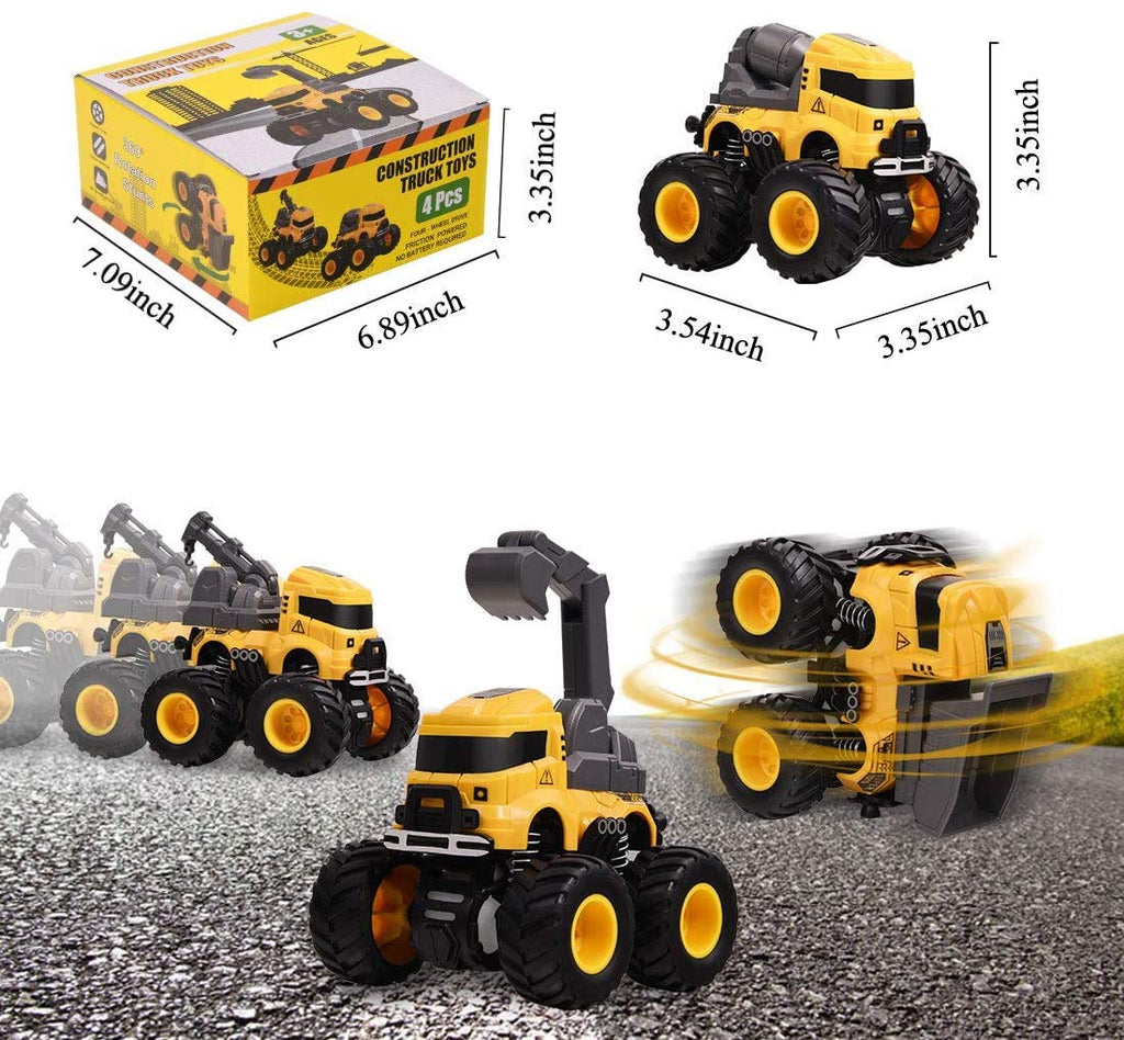 LONANDY 4-Pack Friction Powered Construction Trucks with 360° Stunt for Kids Ages 3-8
