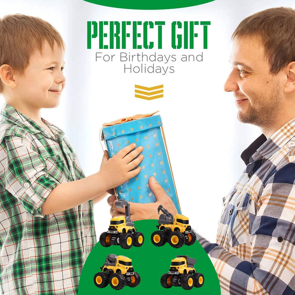 LONANDY 4-Pack Friction Powered Construction Trucks with 360° Stunt for Kids Ages 3-8