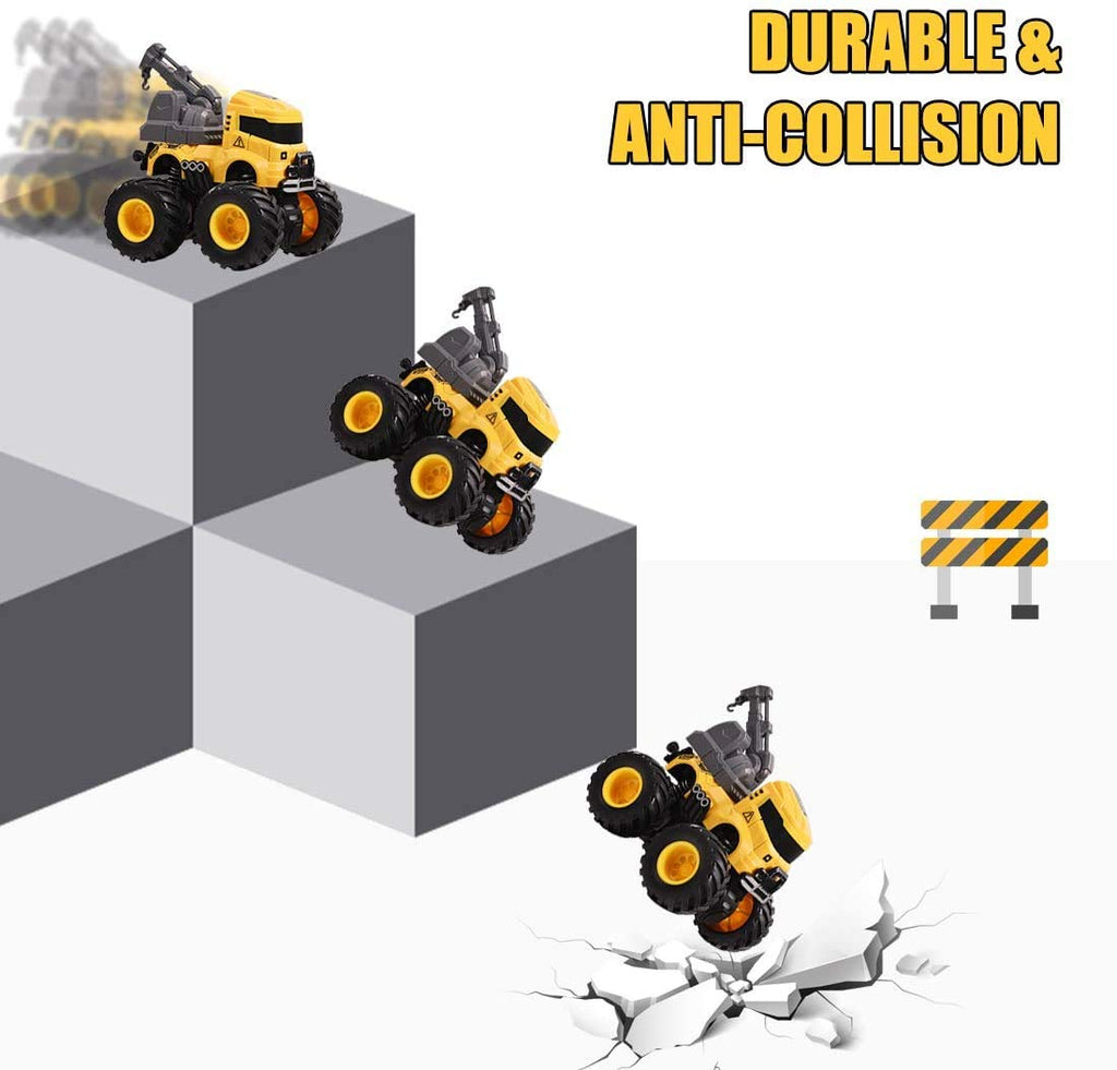 LONANDY 4-Pack Friction Powered Construction Trucks with 360° Stunt for Kids Ages 3-8