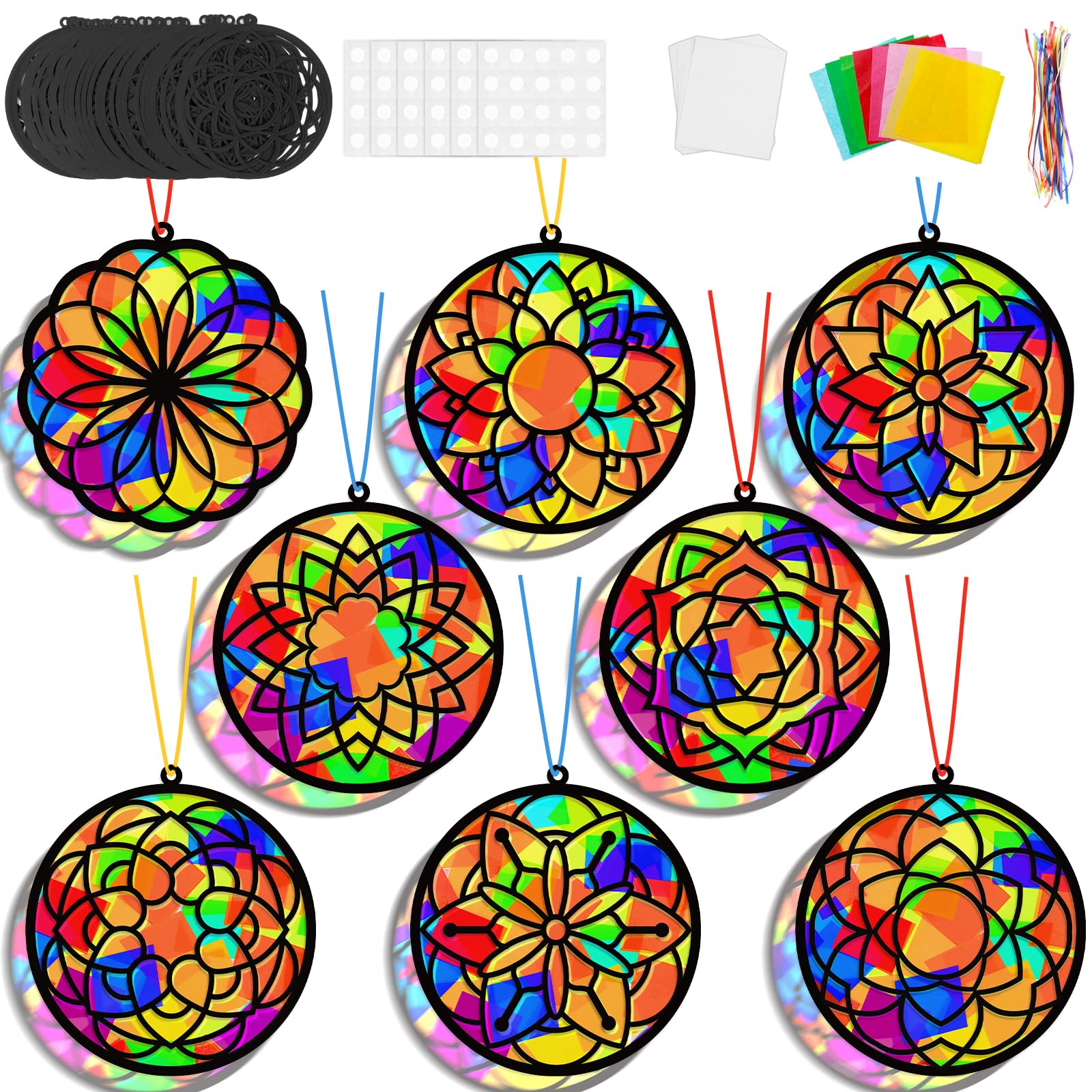 Lonfliness 32-Pack DIY Mandala Suncatcher Craft Kit – Stained Glass Effect Window Art for Home School Classroom